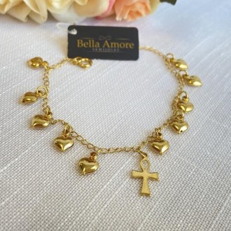 Detalhes do produto Pulseira Pingentes Coração e Cruz Folheada a Ouro