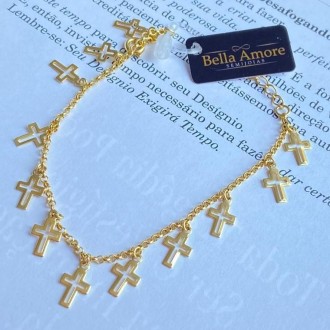 Detalhes do produto Pulseira com Pingentes de Cruz Vazado Folheado a Ouro