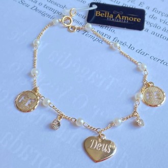 Detalhes do produto Pulseira Pérola com Pingente Fé/Deus Folheado Ouro