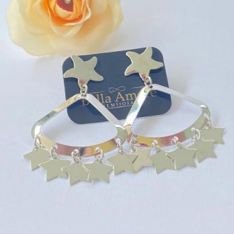 Detalhes do produto Brinco Cinco Estrelas Folheado a Rhodium Branco, 4,7cm