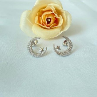 Detalhes do produto Brinco Lua Cravejado com Zircônias Folheado a Rhodium Branco