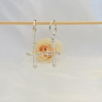 Detalhes do produto Brinco Argola Cruz Cristal Folheado a Rhodium Branco