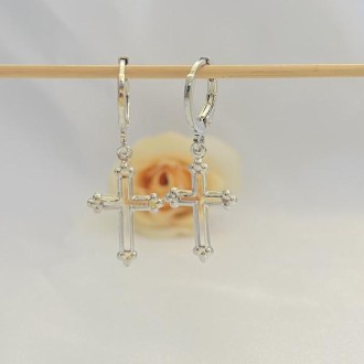 Detalhes do produto Brinco Argola Cruz Cristal Folheado a Rhodium Branco