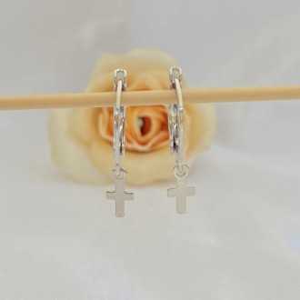 Detalhes do produto Brinco argola infantil Cruz Folheado a Rhodium Branco