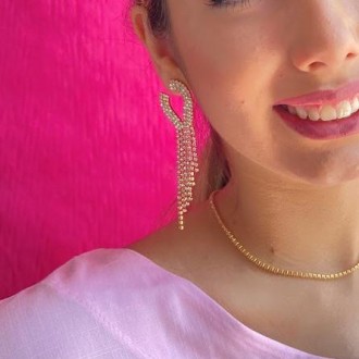 Detalhes do produto Brinco Festa Franja Cristais Preto Folheado a Ouro