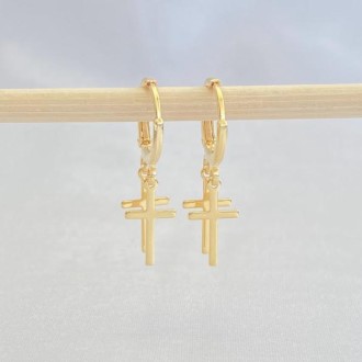 Detalhes do produto Brinco Argola com Duas Cruzes Folheado a Ouro 18K