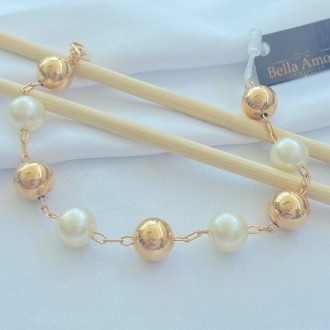Detalhes do produto Pulseira Bolas e Pérolas 10mm Folheado a Ouro 18K