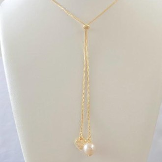 Detalhes do produto Gravatinha Corrente Grossa Pérola e Coração, Folheado a Ouro 18K
