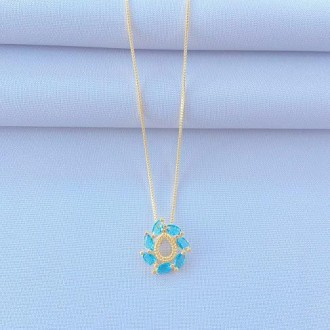 Detalhes do produto Gargantilha Zircônias Gota Azul, Folheado a Ouro 18K