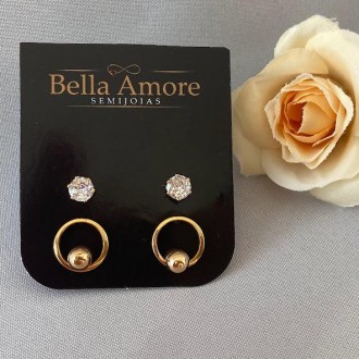 Detalhes do produto Brinco Trio Circulo/Bola//Zircônia Folheado a Ouro 18K