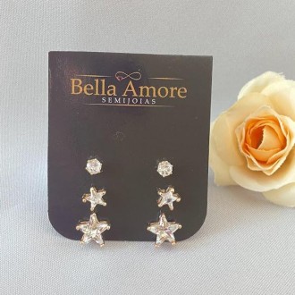 Detalhes do produto Brinco Trio Estrelas/Zircônia Folheado a Ouro 18K