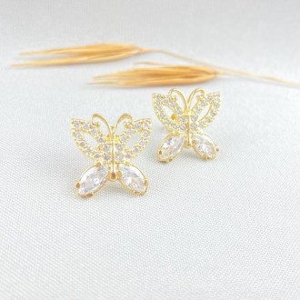 Detalhes do produto Brinco Borboleta Cravejado Zircônias Folheado a Ouro 18K
