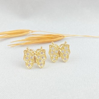 Detalhes do produto Brinco Borboleta Cravejado Zircônias, Folheado a Ouro 18K