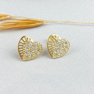 Detalhes do produto Brinco Coração Cravejado Zircônias, Folheado a Ouro 18K