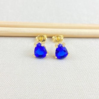 Detalhes do produto Brinco Zircônias Gota Azul Royal, Folheado a Ouro 18K