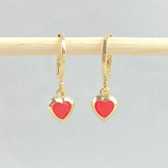 Detalhes do produto Brinco Argola Coração Vermelho, Folheado a Ouro 18K