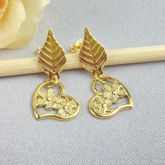 Detalhes do produto Brinco Folhas Coração com Flores, Folheado a Ouro 18K