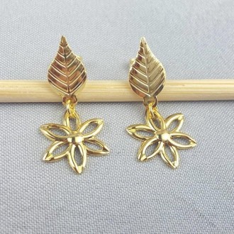 Detalhes do produto Brinco Folhas e Flores, Folheado a Ouro 18K
