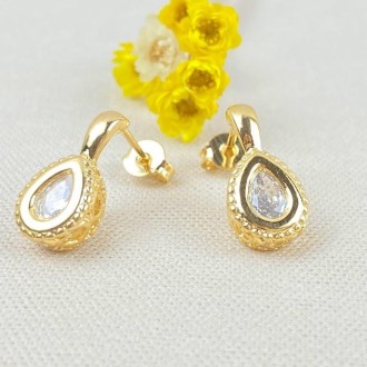 Detalhes do produto Brinco Detalhes Zircônia Gota Cristal, Folheado a Ouro 18K