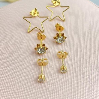 Detalhes do produto Brinco Trio Estrela/Solitário/Flor, Folheado a Ouro 18K