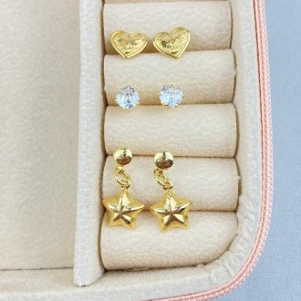 Detalhes do produto Brinco trio folheado a ouro 18k, estrela, coração e zircônia