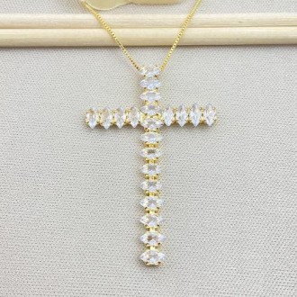Detalhes do produto Gargantilha banhada a ouro 18k, cruz zircônias navete maleável