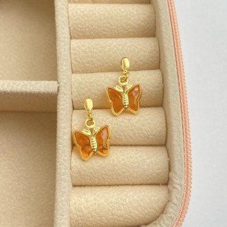 Detalhes do produto Brinco borboleta cristal alaranjado, banhado a ouro 18K
