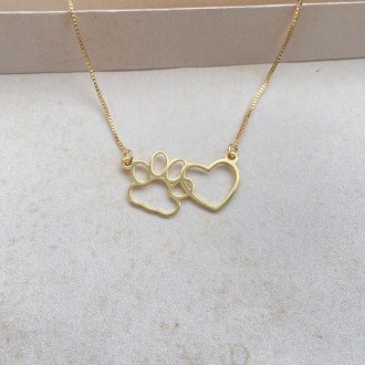 Detalhes do produto Gargantilha pet coração e patinha, banhado a ouro 18K