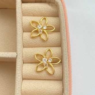 Detalhes do produto Brinco flor com pedras de zircônias, banhado a ouro 18K